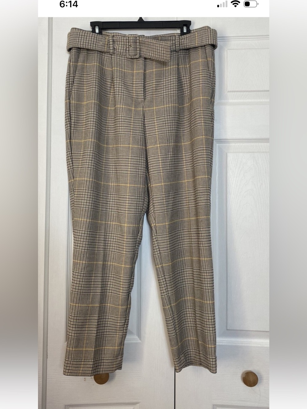 Ann Taylor Taupe Plaid Belted Trousers with Yellow Windowpane
